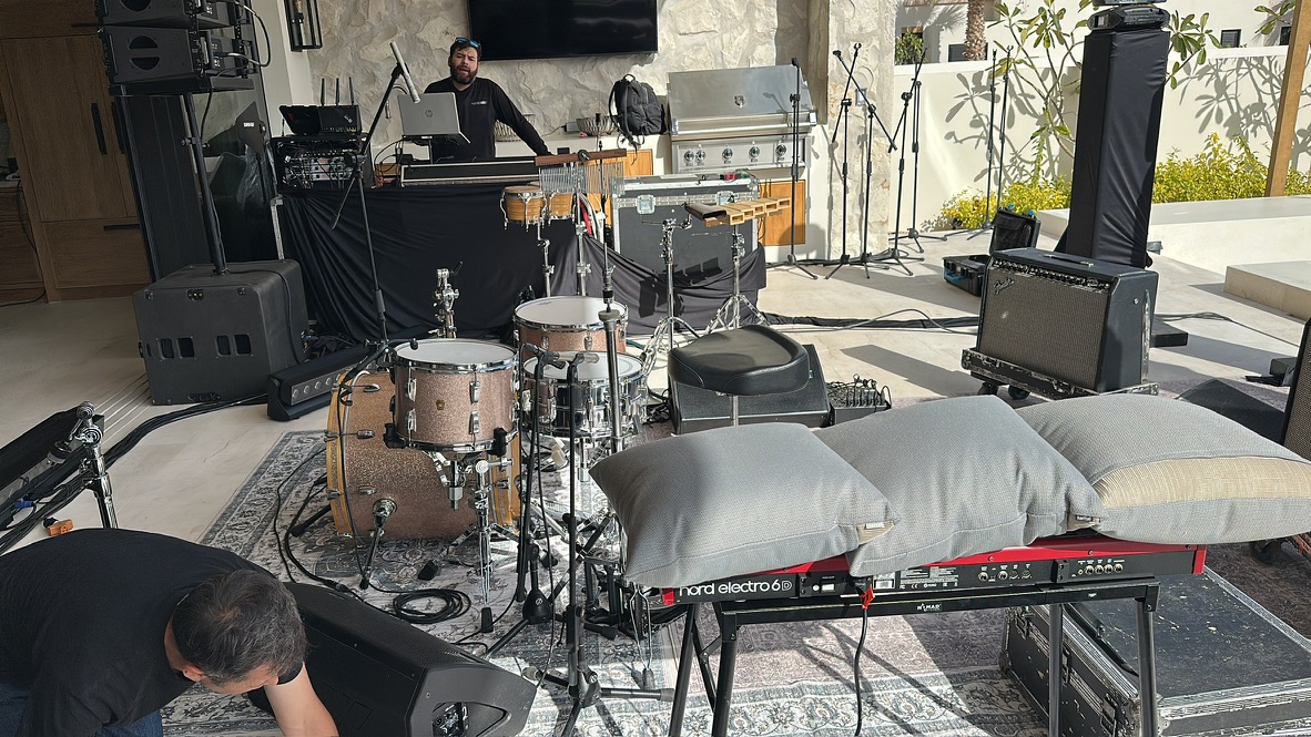 Backline setup drums Nord Electro keyboard private estate courtyard Cabo San Lucas